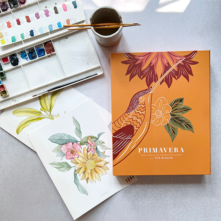 Primavera, Láminas para pintar por TITA BIANCHI. 44 láminas para pintar con acuarela y todo tipo de lápices. Ilustraciones de flores, pájaros, mariposas, hojas