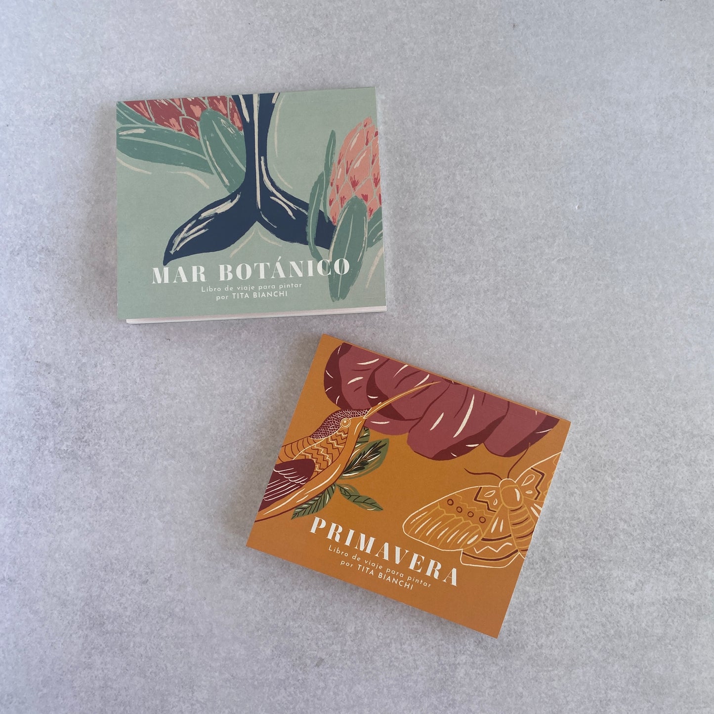 libros para pintar con acuarelas y todo tipo de lapices con ilustraciones inspiradas en la naturaleza, el mundo marino, pajaros, flores, Tita Bianchi, tamaño ideal para viajes