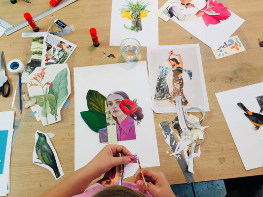 Taller de collage presencial en vitacura, Santiago de Chile, Tita Bianchi, aprenderás técnicas de collage.