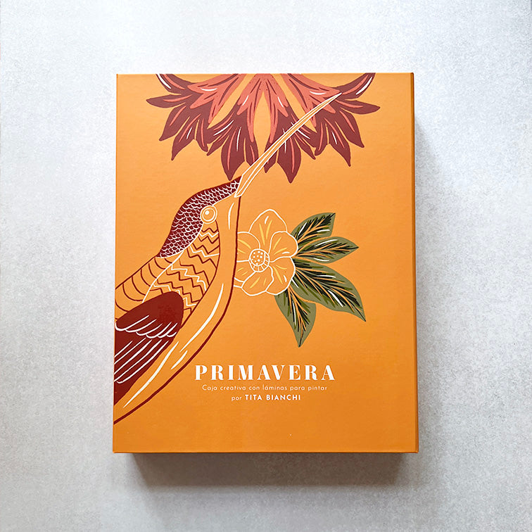 Primavera. Caja creativa con láminas para pintar por TITA BIANCHI. Imágenes de Pájaros, flores, hojas, botánico y vegetación. 