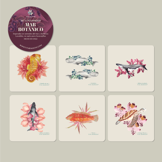 Pack Posavasos Ilustrados - Marino, Botánico, Mar Botánico (Set 18)