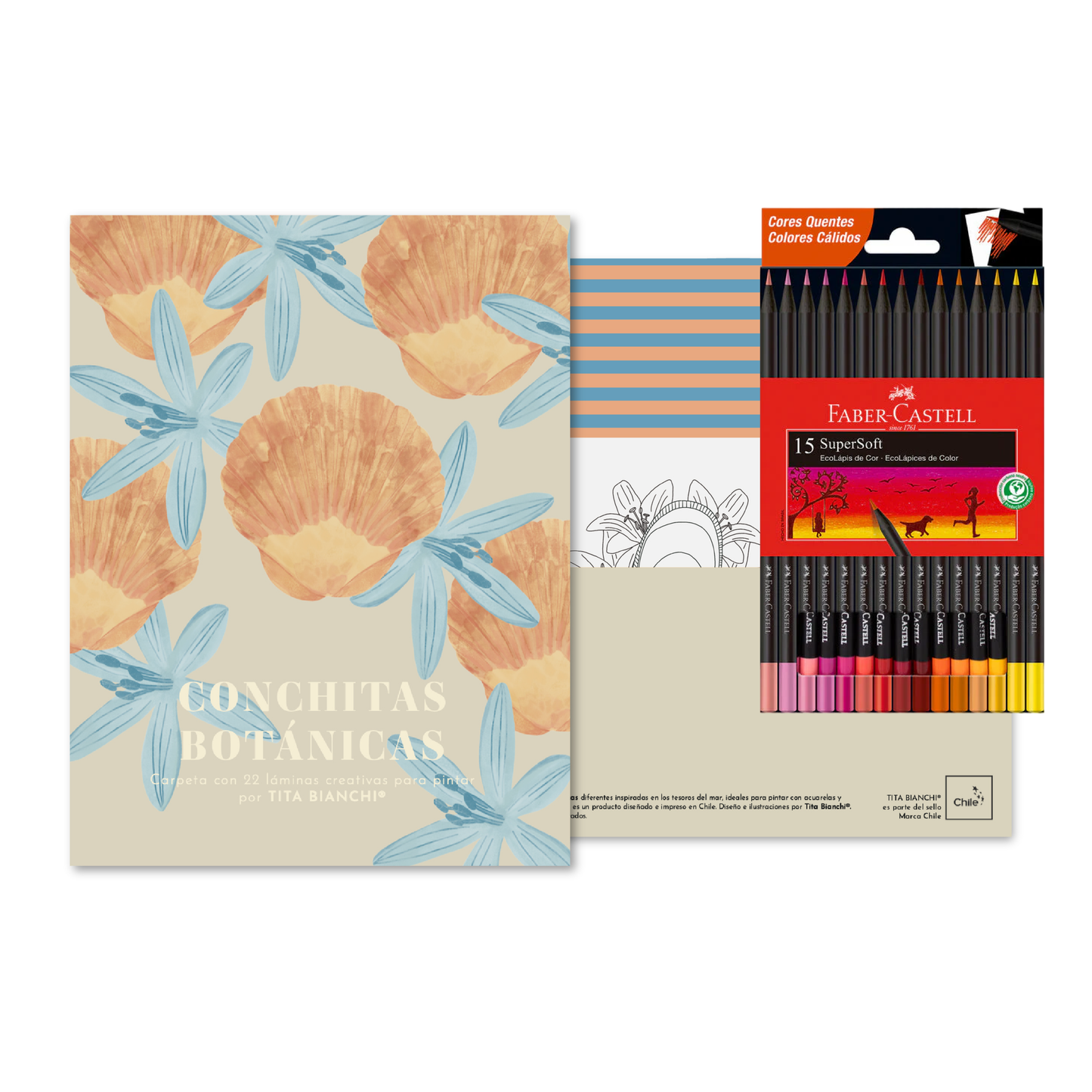 Pack Carpeta con 22 láminas para pintar + Lápices supersoft Faber castell