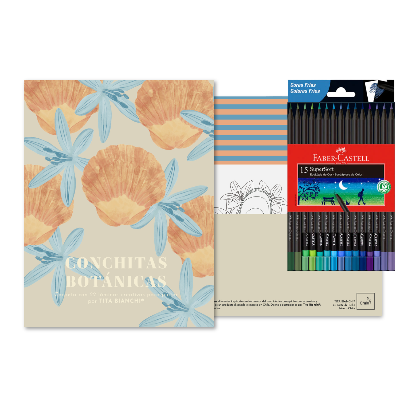 Pack Carpeta con 22 láminas para pintar + Lápices supersoft Faber castell