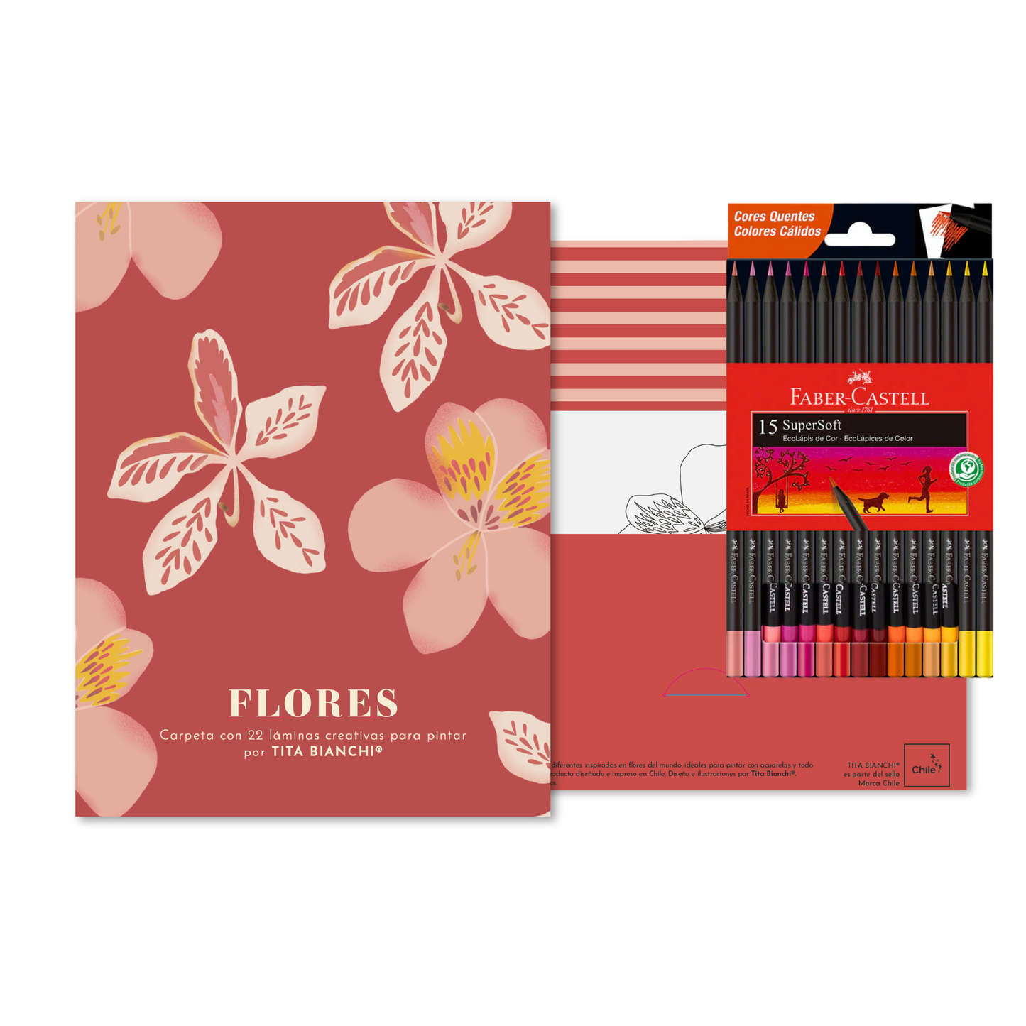Pack Carpeta con 22 láminas para pintar + Lápices supersoft Faber castell