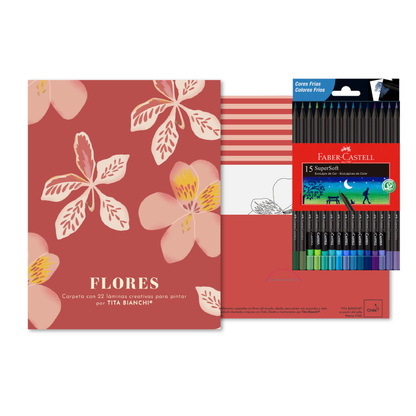 Pack Carpeta con 22 láminas para pintar + Lápices supersoft Faber castell