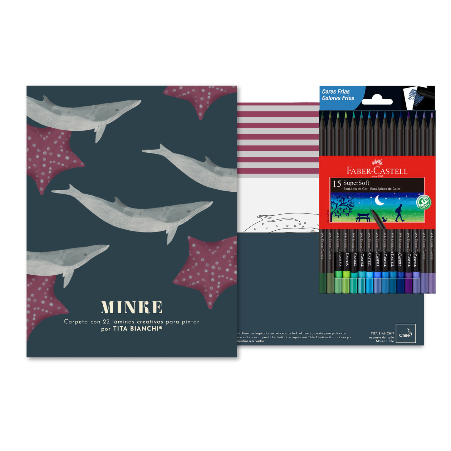 Pack Carpeta con 22 láminas para pintar + Lápices supersoft Faber castell