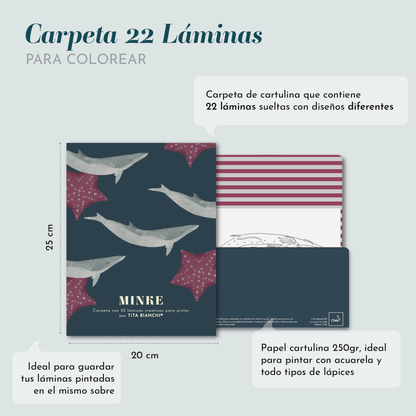Libro para colorear - libro para pintar - carpeta minke con ilustraciones marinas - dibujos de ballenas