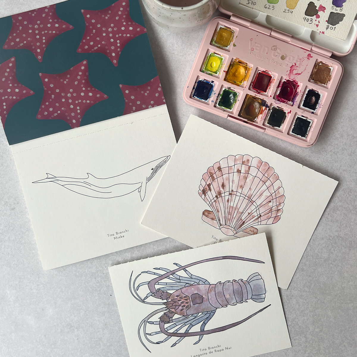 libro para pintar con acuarela, dibujos inspirados en animales del mar, como ballenas, cangrejos, jaibas, conchitas. Puedes pintar con acuarelas.