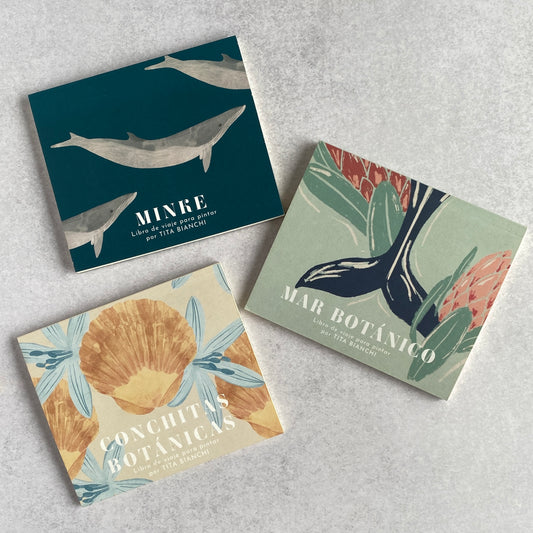 libros para pintar con acuarelas y todo tipo de lápices con ilustraciones inspiradas en la naturaleza, ballenas, flores, conchitas, caballitos de mar, tortugas marinas, peces Tita Bianchi, tamaño ideal para viajes