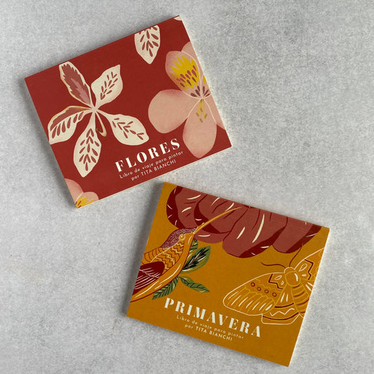 libros para pintar con acuarelas y todo tipo de lápices con ilustraciones inspiradas en la naturaleza, flores, pajaros, mariposas, Tita Bianchi, tamaño ideal para viajes