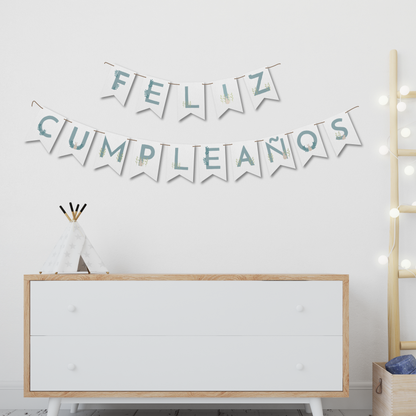 Banderín de papel Feliz Cumpleaños Celeste